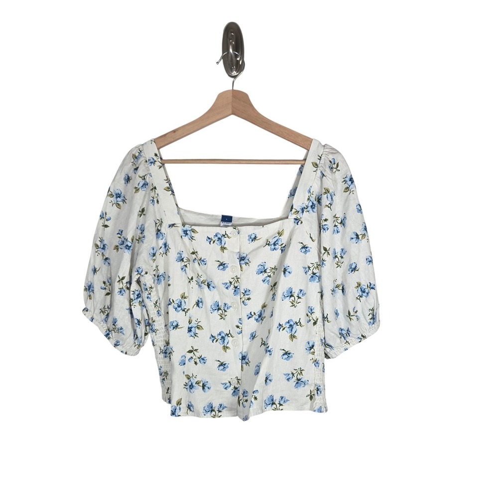 Floral Linen Blend Milkmaid Top L Puff Sleeve Smocked Blue NWT Old Navy